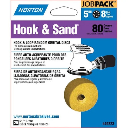 Norton Co 5" Hook & Sand 8-Hole Sanding Disc, P80-Grit, PK 25 49223